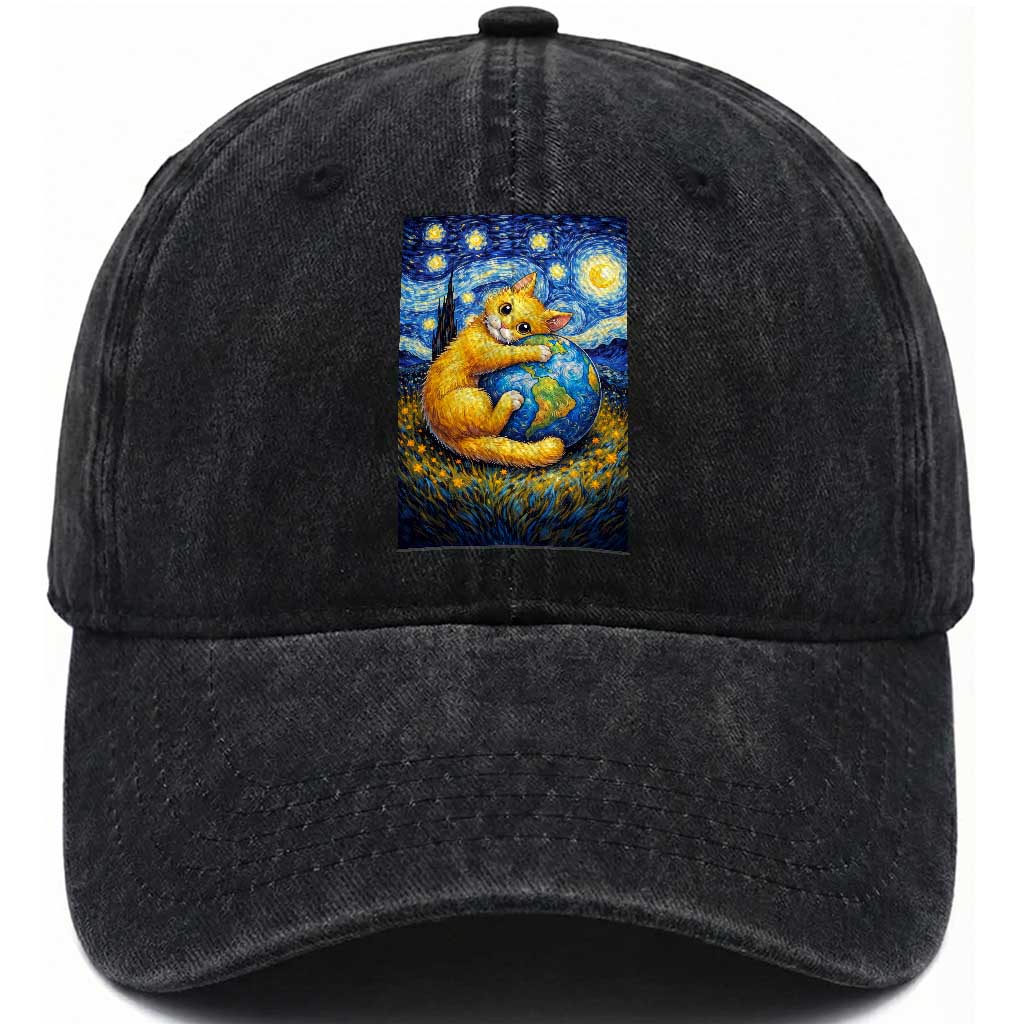 Earth Day Washed Cotton Baseball Cap Starry Night Cat Hugging Earth