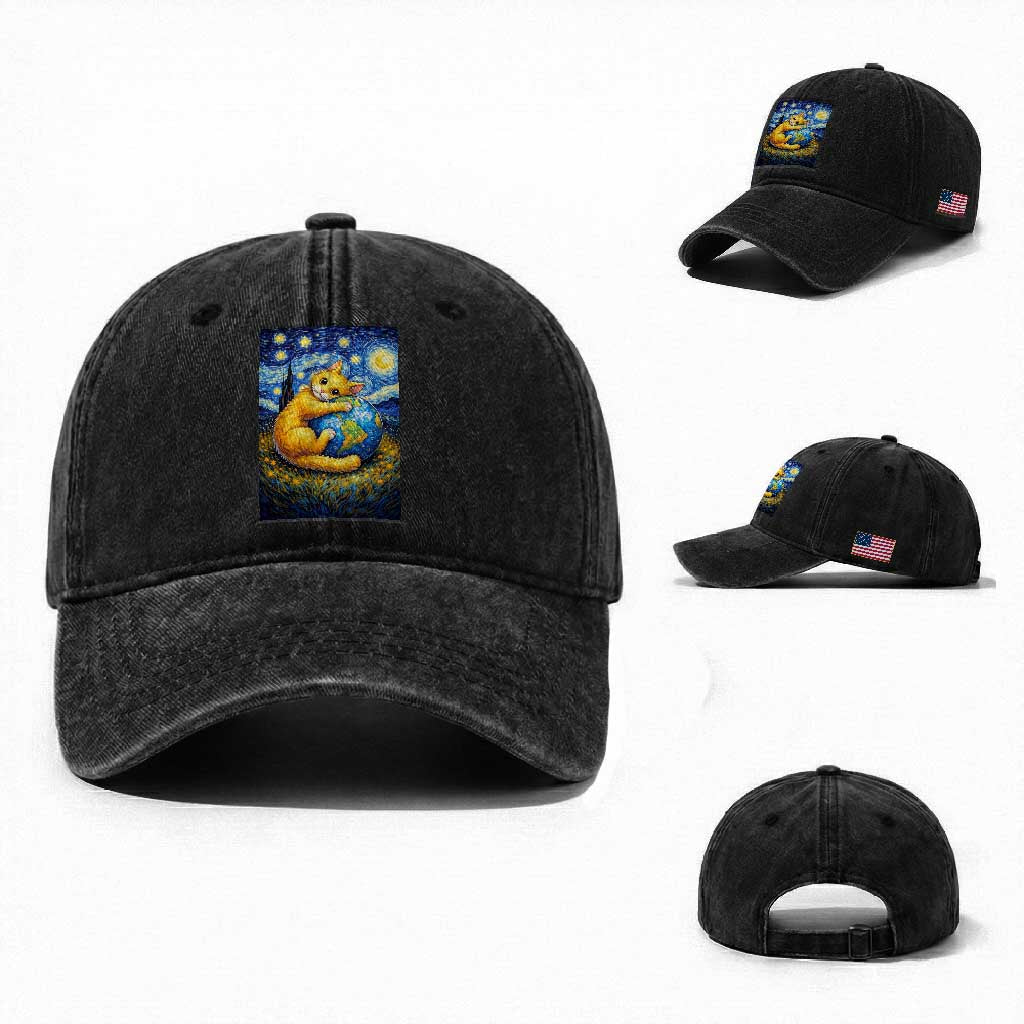 Earth Day Washed Cotton Baseball Cap Starry Night Cat Hugging Earth