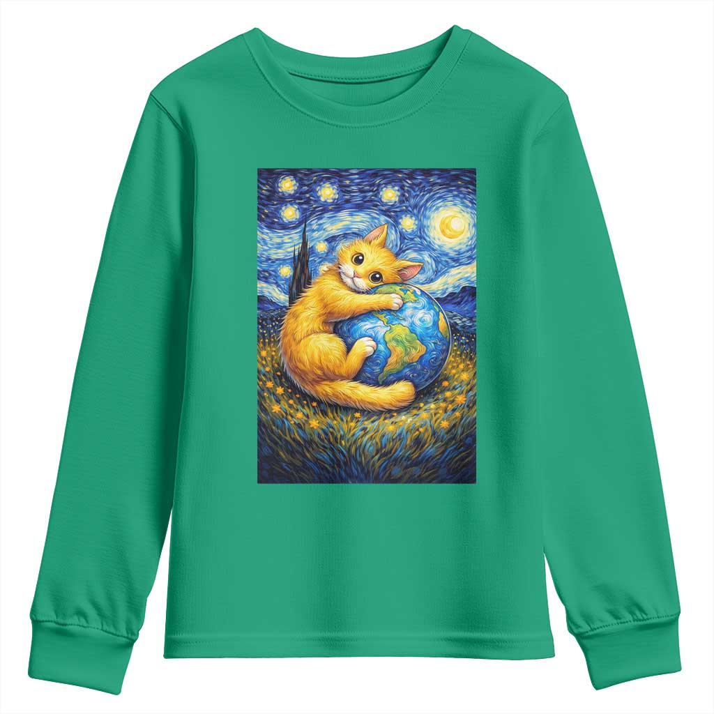 Earth Day Youth Sweatshirt Starry Night Cat Hugging Earth