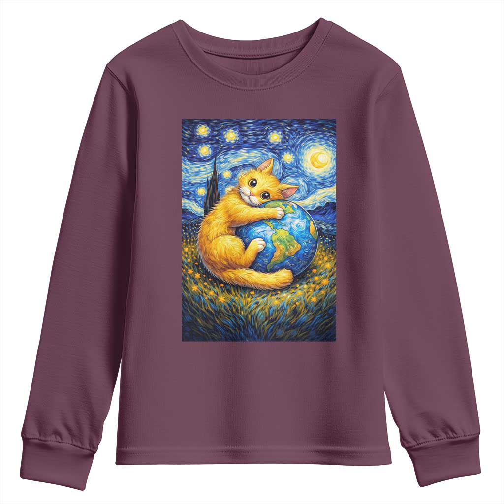 Earth Day Youth Sweatshirt Starry Night Cat Hugging Earth