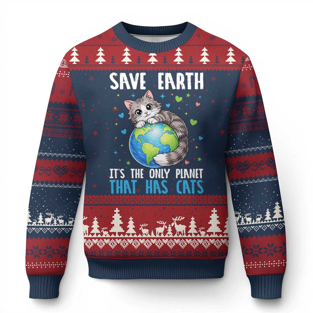 Earth Day Ugly Christmas Sweater Save Earth Its The Only Planet With Cats