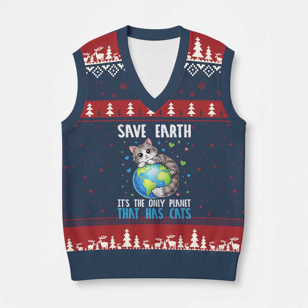 Earth Day V-Neck Knit Sweater Vest Save Earth Its The Only Planet With Cats