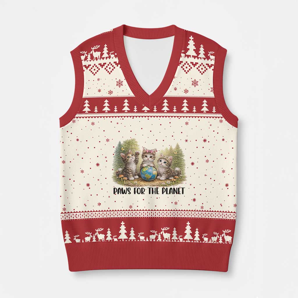 Earth Day Cat Lover V-Neck Knit Sweater Vest Paws For The Planet