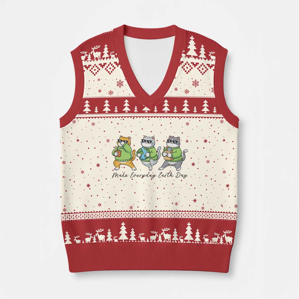 Make Everyday Earth Day V-Neck Knit Sweater Vest Eco Friendly Cat Lover
