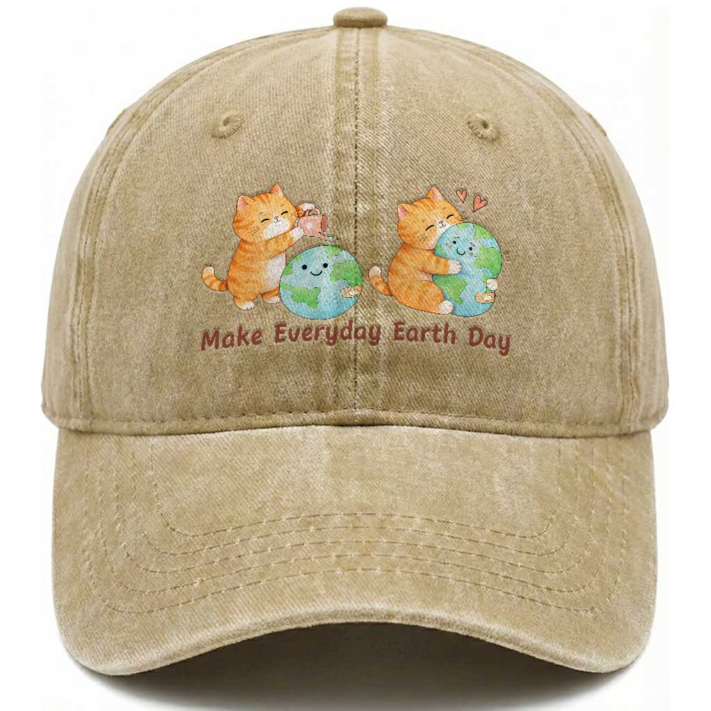 Make Everyday Earth Day Washed Cotton Baseball Cap Cute Cat Healing Planet Earth