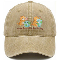 Make Everyday Earth Day Washed Cotton Baseball Cap Cute Cat Healing Planet Earth
