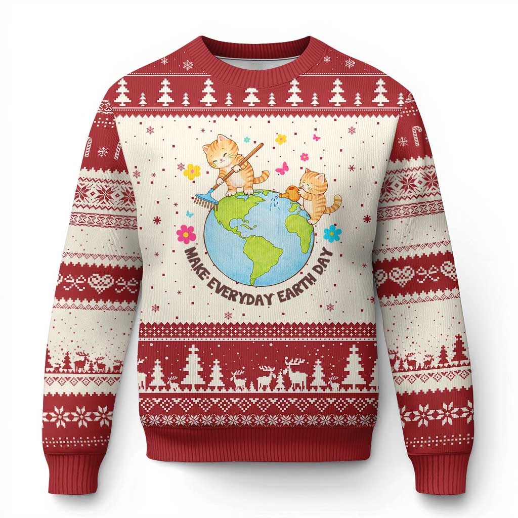 Make Everyday Earth Day Ugly Christmas Sweater Funny Cat Lover Gift