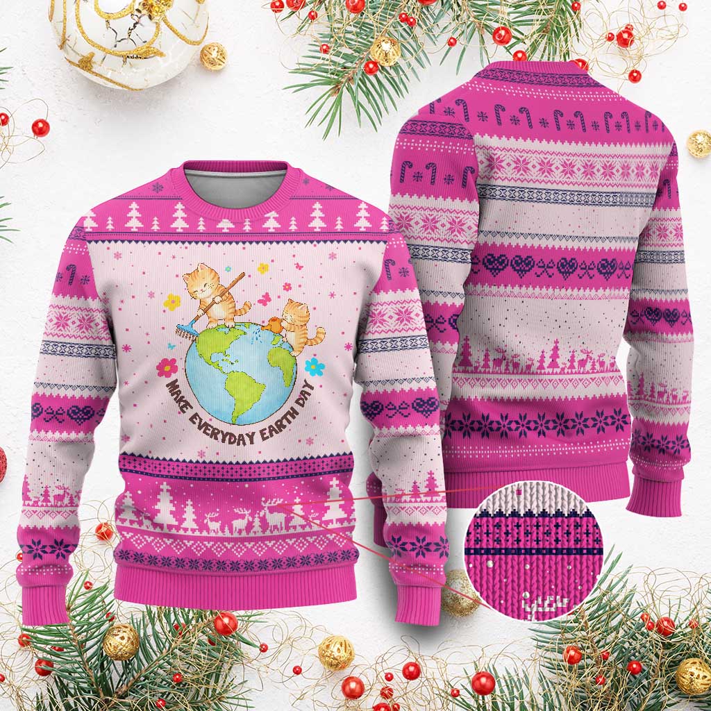 Make Everyday Earth Day Ugly Christmas Sweater Funny Cat Lover Gift