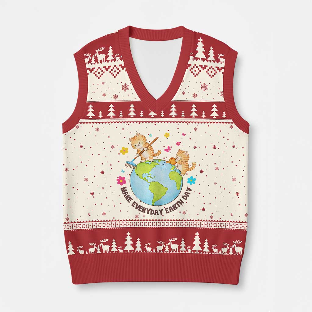 Make Everyday Earth Day V-Neck Knit Sweater Vest Funny Cat Lover Gift