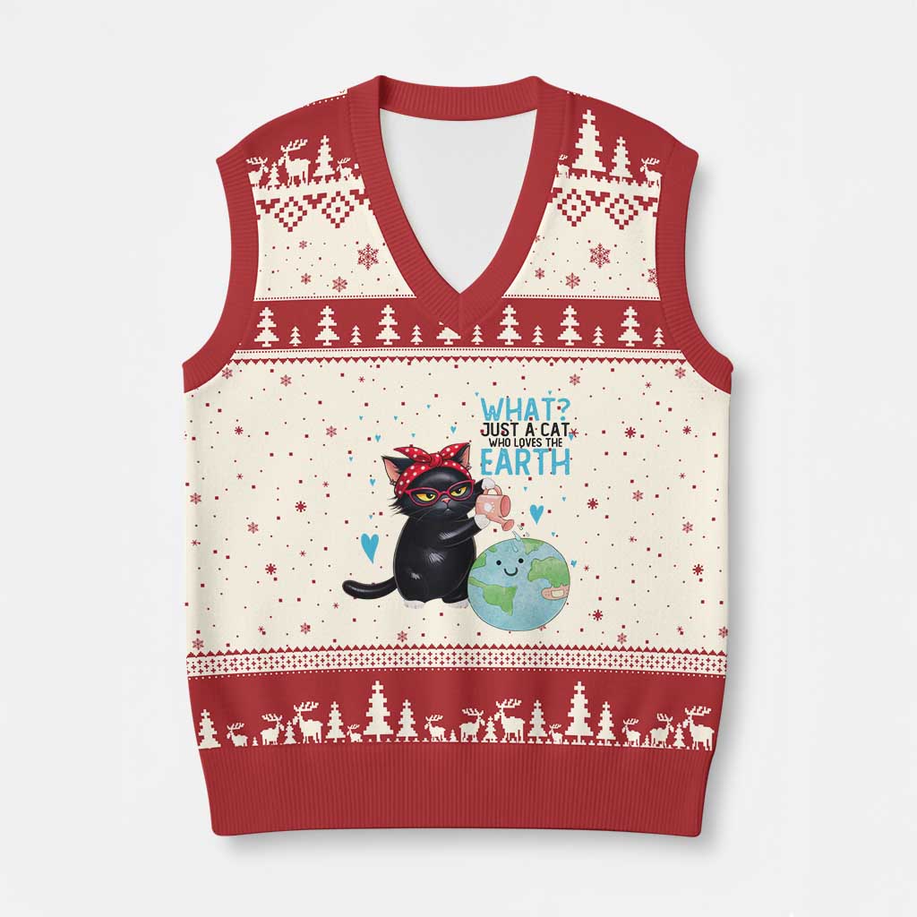 Just A Cat Who Loves The Earth V-Neck Knit Sweater Vest Earth Day Cat Lover Gift