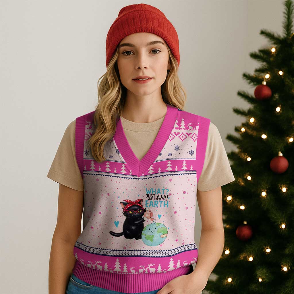 Just A Cat Who Loves The Earth V-Neck Knit Sweater Vest Earth Day Cat Lover Gift