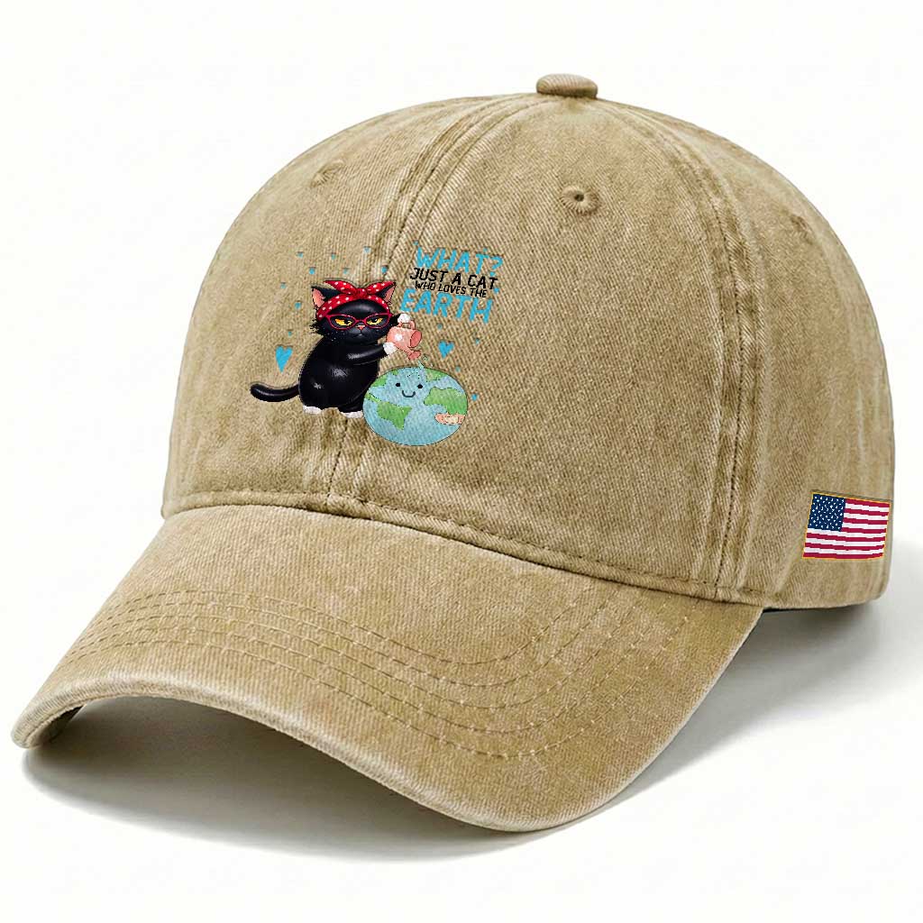 Just A Cat Who Loves The Earth Washed Cotton Baseball Cap Earth Day Cat Lover Gift