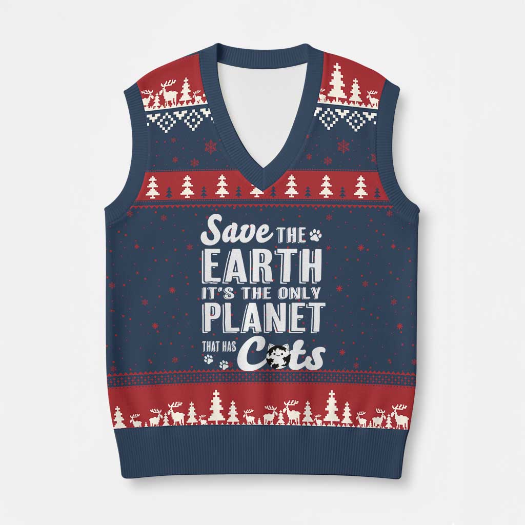 Earth Day Cat Lover V-Neck Knit Sweater Vest Save Earth Its The Only Planet With Cats