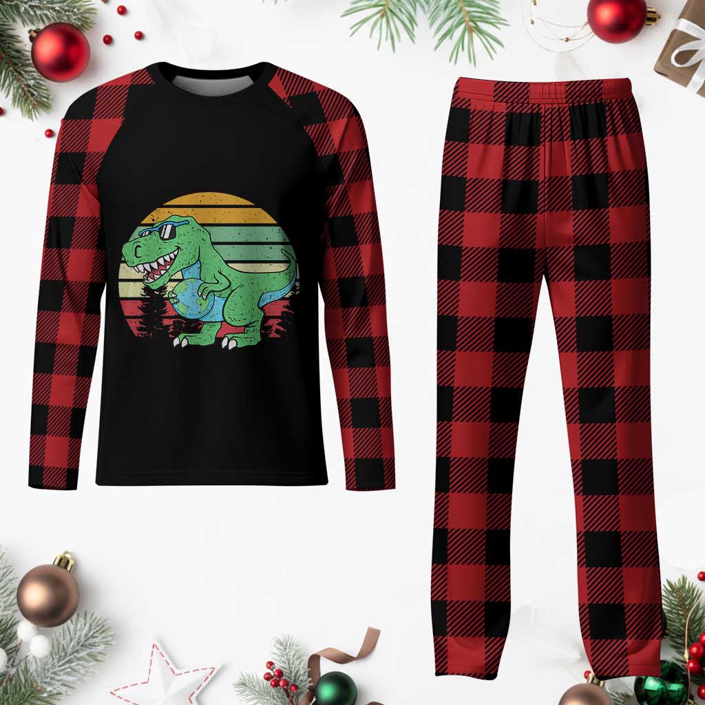 Funny Earth Day Dinosaur Lover Plaid Pajama Set Save The Planet