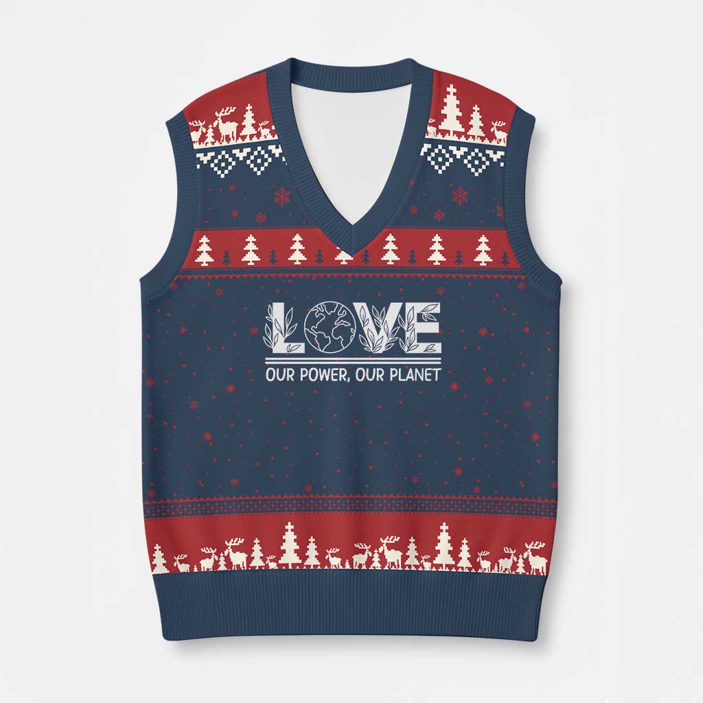 Our Power Our Planet V-Neck Knit Sweater Vest Earth Day Eco Friendly