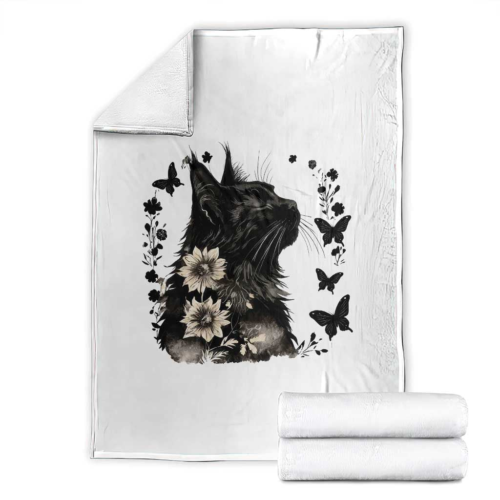 Black Maine Coon Cat Throw Blanket Floral Sunflower Watercolor Gift
