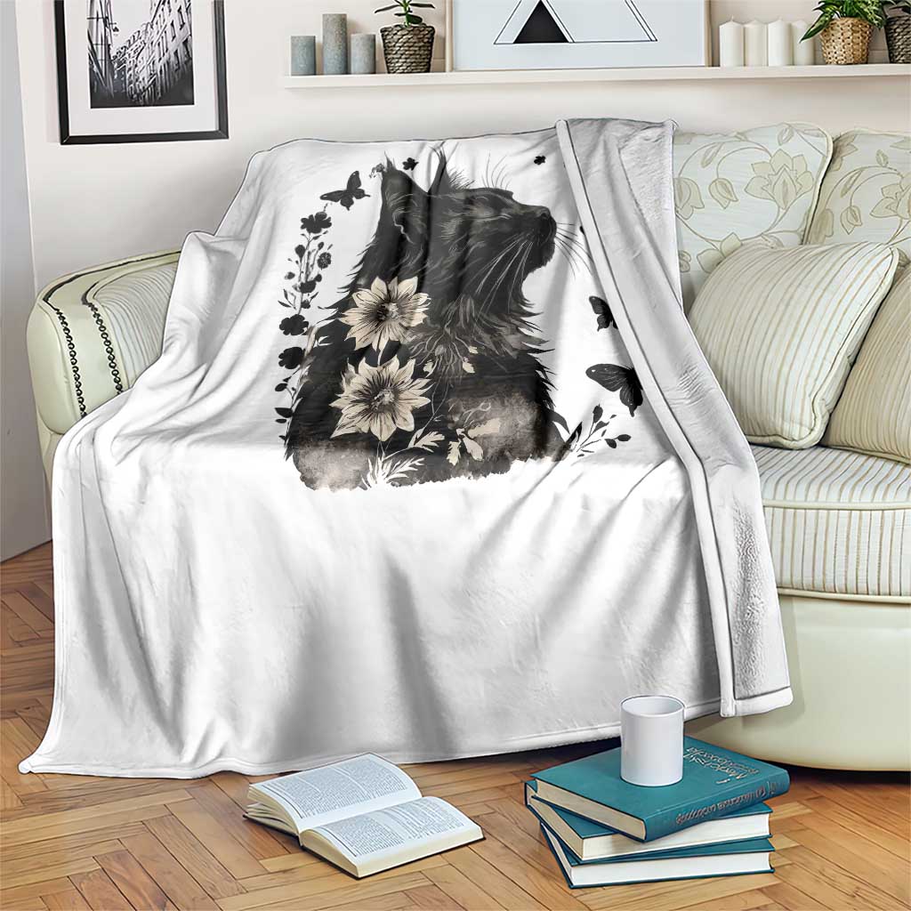 Black Maine Coon Cat Throw Blanket Floral Sunflower Watercolor Gift