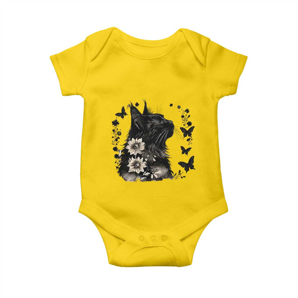 Black Maine Coon Cat Baby Onesie Floral Sunflower Watercolor Gift