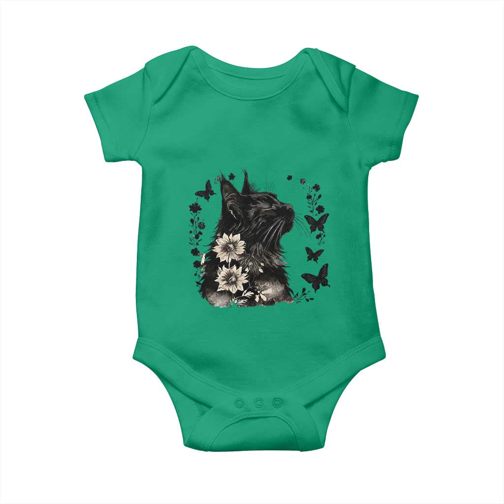 Black Maine Coon Cat Baby Onesie Floral Sunflower Watercolor Gift