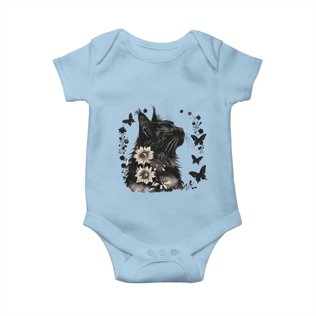 Black Maine Coon Cat Baby Onesie Floral Sunflower Watercolor Gift