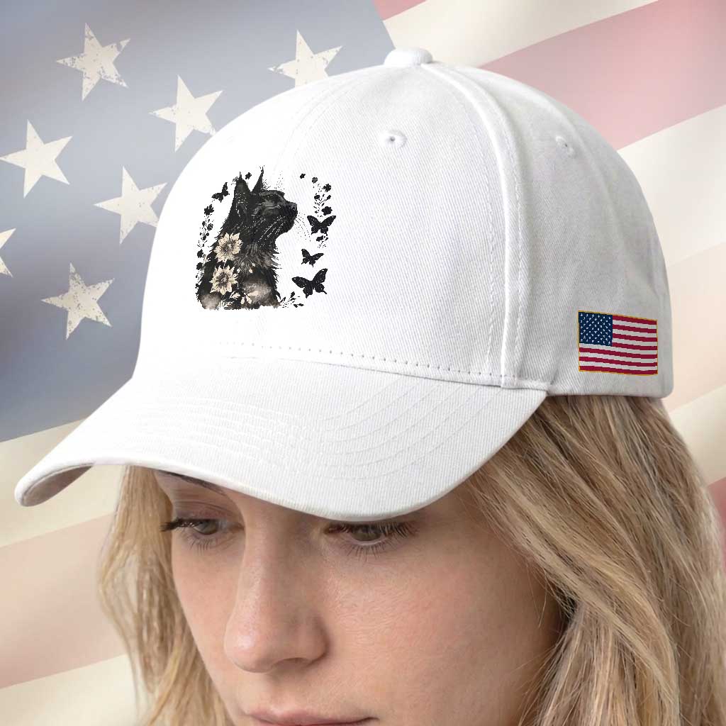 Black Maine Coon Cat Baseball Cap Floral Sunflower Watercolor Gift