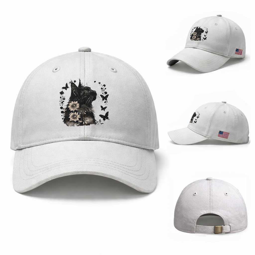 Black Maine Coon Cat Baseball Cap Floral Sunflower Watercolor Gift