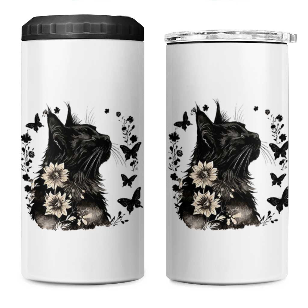 Black Maine Coon Cat 4 in 1 Can Cooler Tumbler Floral Sunflower Watercolor Gift