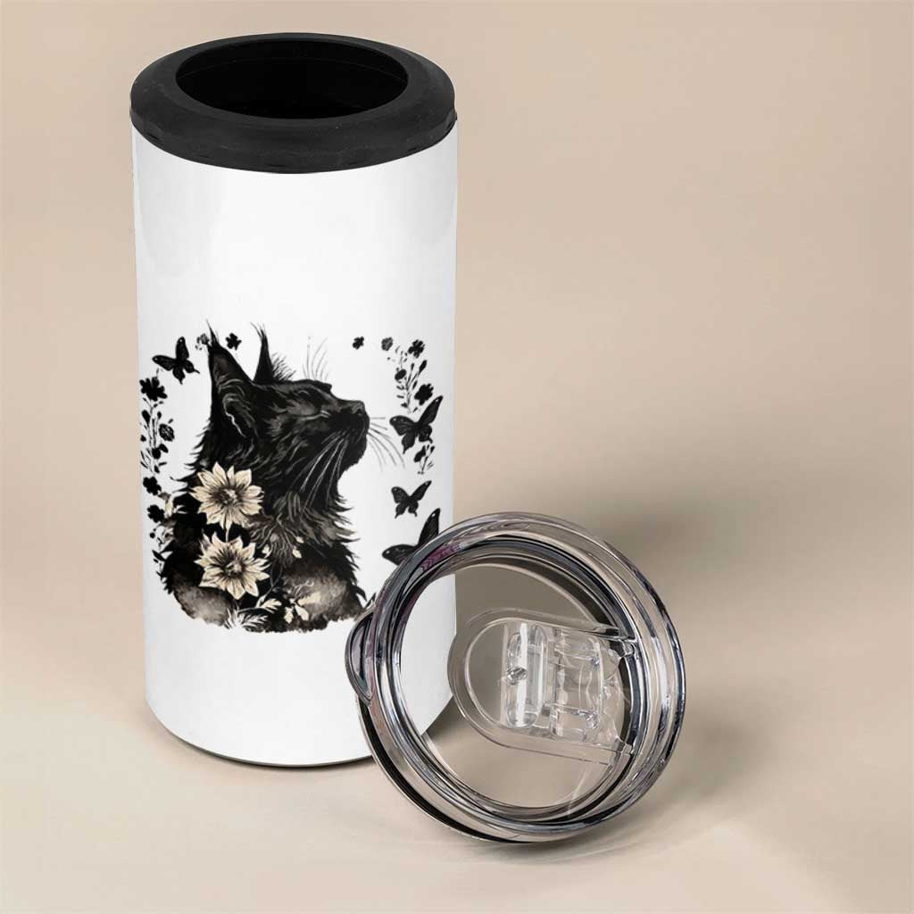 Black Maine Coon Cat 4 in 1 Can Cooler Tumbler Floral Sunflower Watercolor Gift
