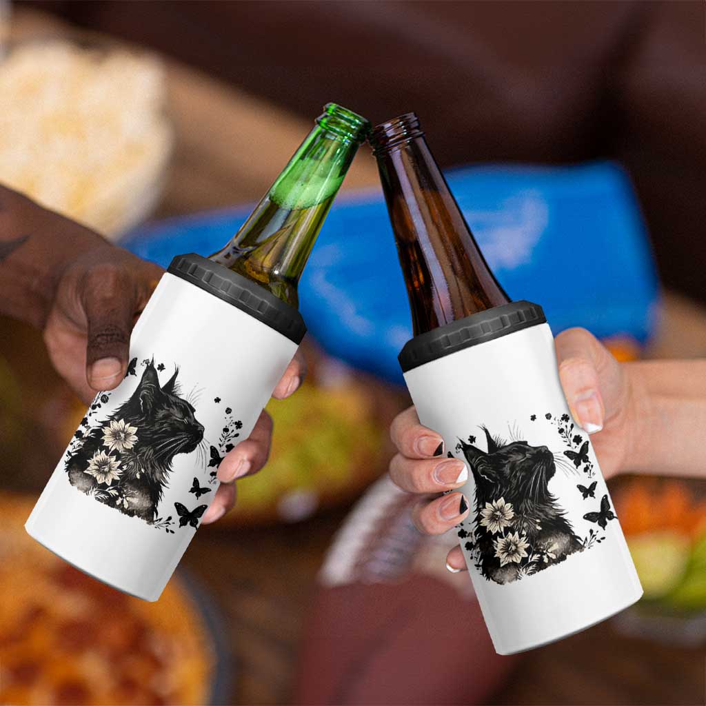Black Maine Coon Cat 4 in 1 Can Cooler Tumbler Floral Sunflower Watercolor Gift