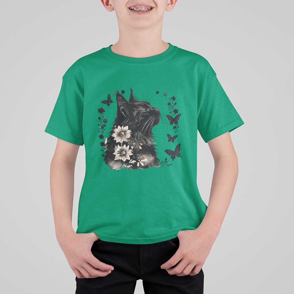 Black Maine Coon Cat T Shirt For Kid Floral Sunflower Watercolor Gift