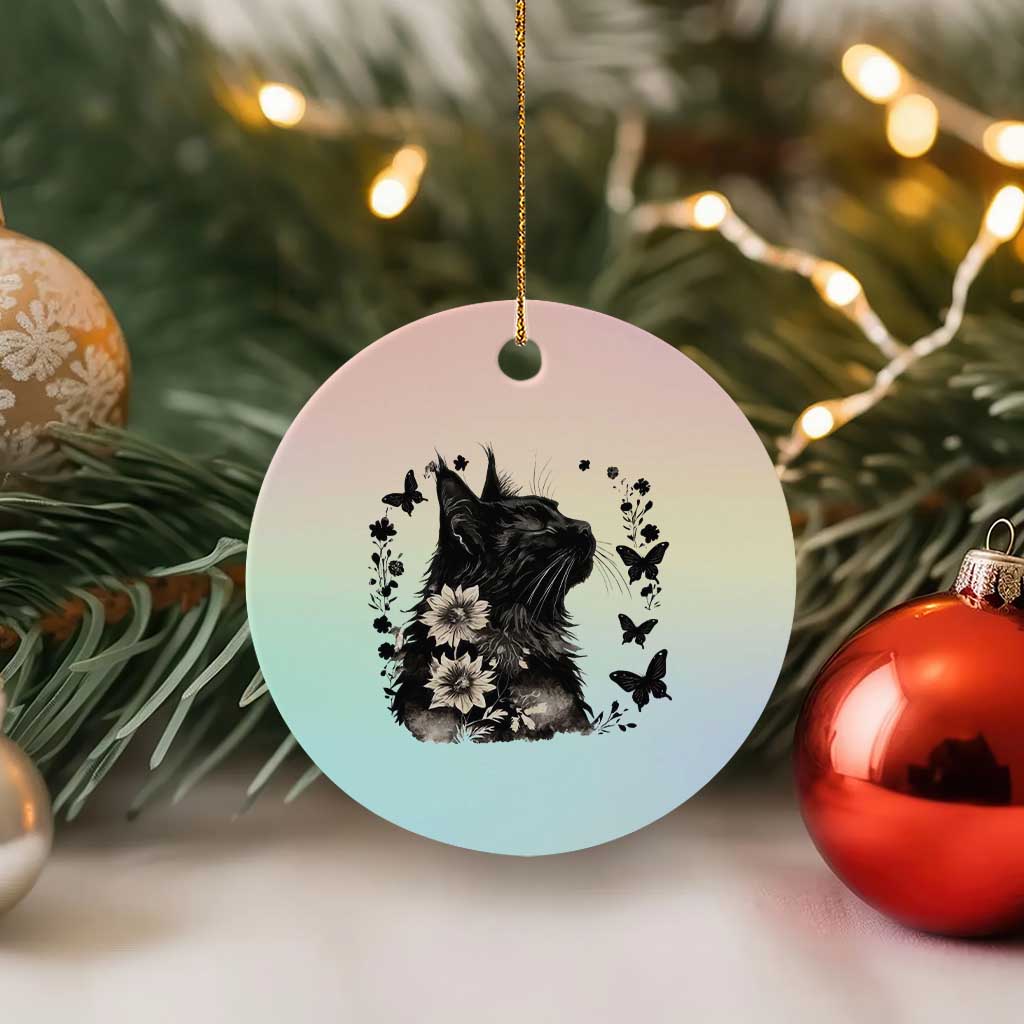 Black Maine Coon Cat Ceramic Ornament Floral Sunflower Watercolor Gift