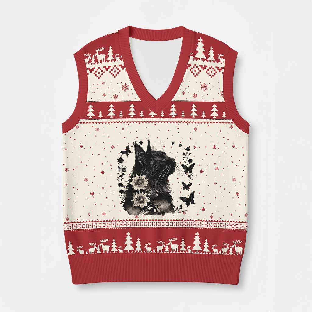 Black Maine Coon Cat V-Neck Knit Sweater Vest Floral Sunflower Watercolor Gift