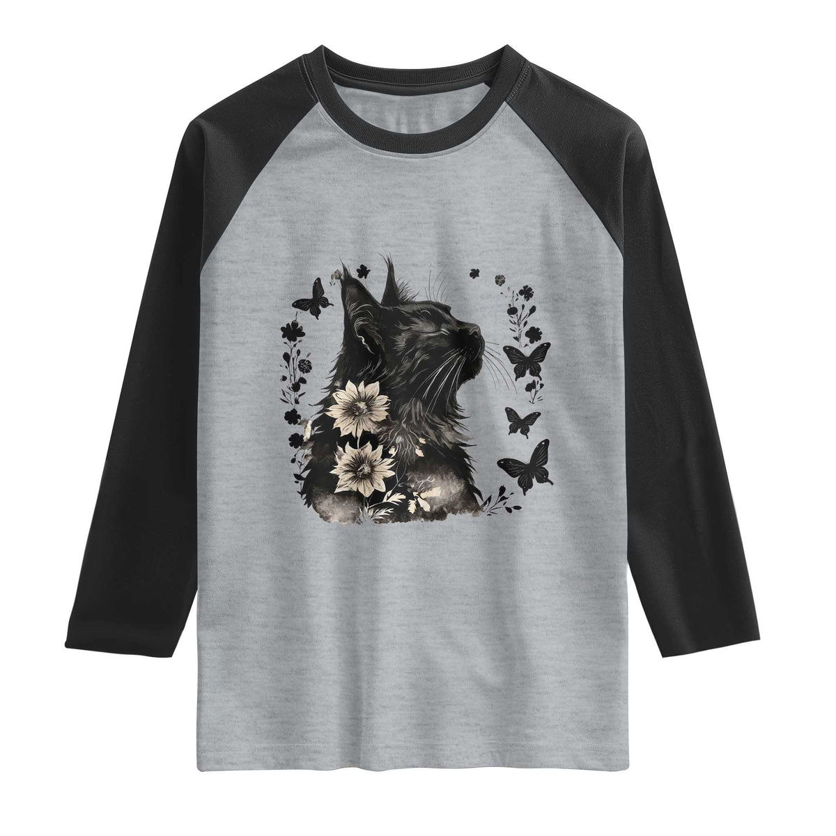 Black Maine Coon Cat Raglan Shirt Floral Sunflower Watercolor Gift