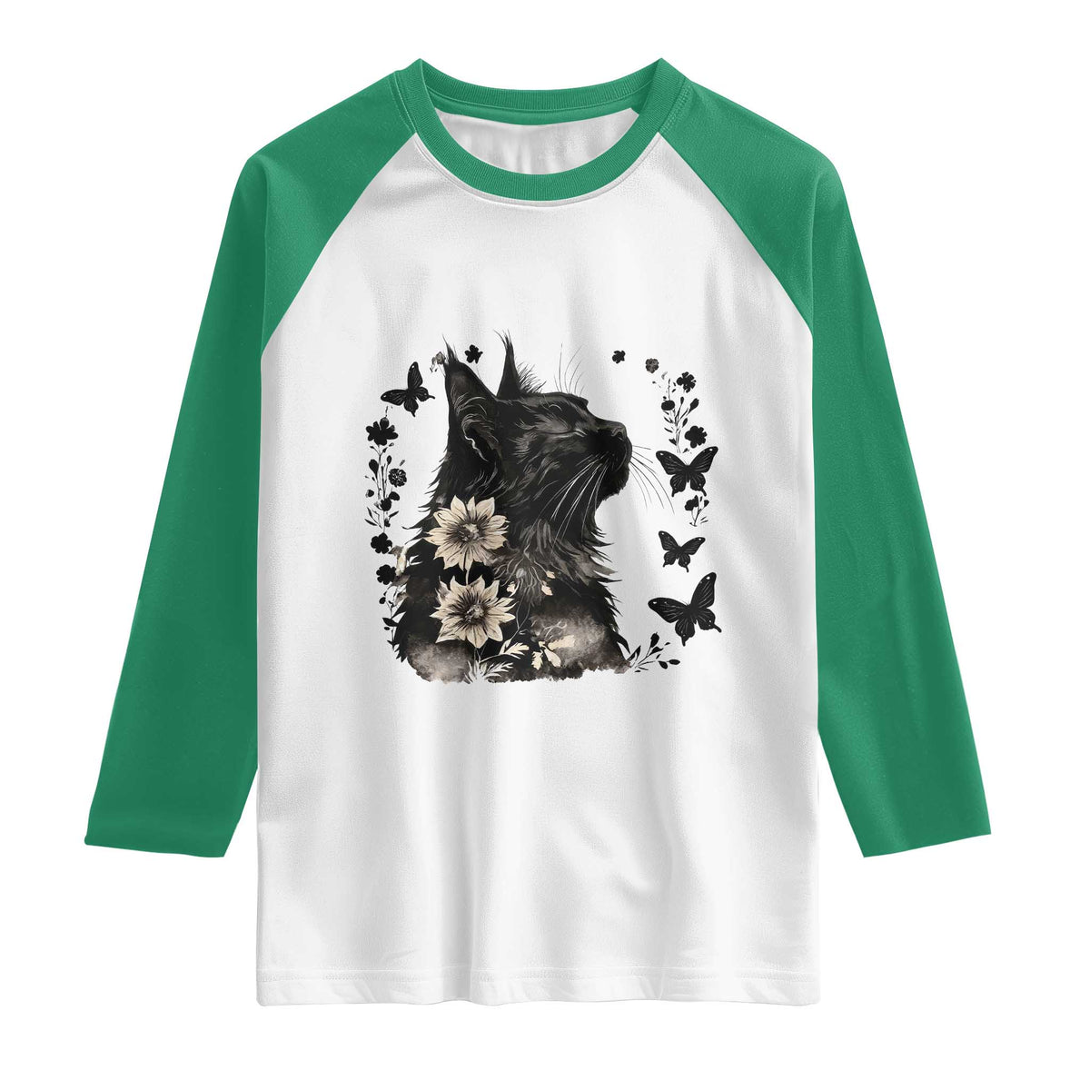 Black Maine Coon Cat Raglan Shirt Floral Sunflower Watercolor Gift