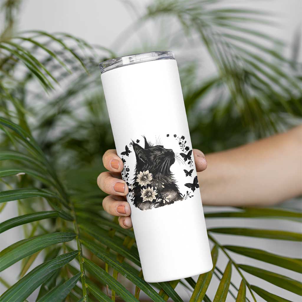 Black Maine Coon Cat Skinny Tumbler Floral Sunflower Watercolor Gift