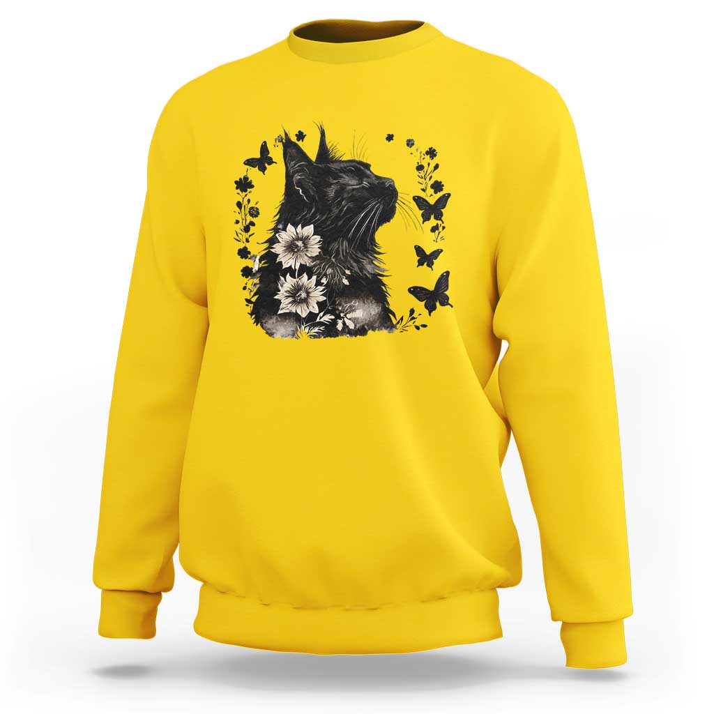 Black Maine Coon Cat Sweatshirt Floral Sunflower Watercolor Gift