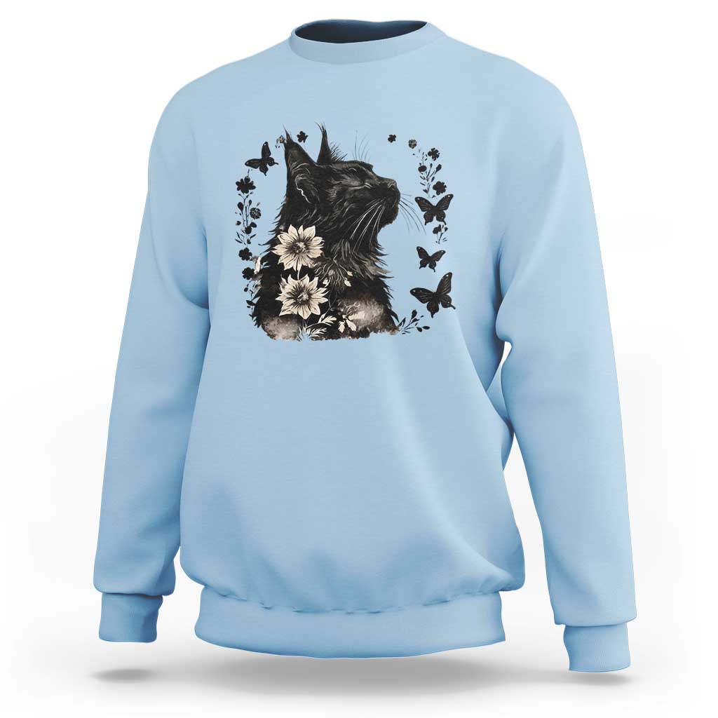 Black Maine Coon Cat Sweatshirt Floral Sunflower Watercolor Gift