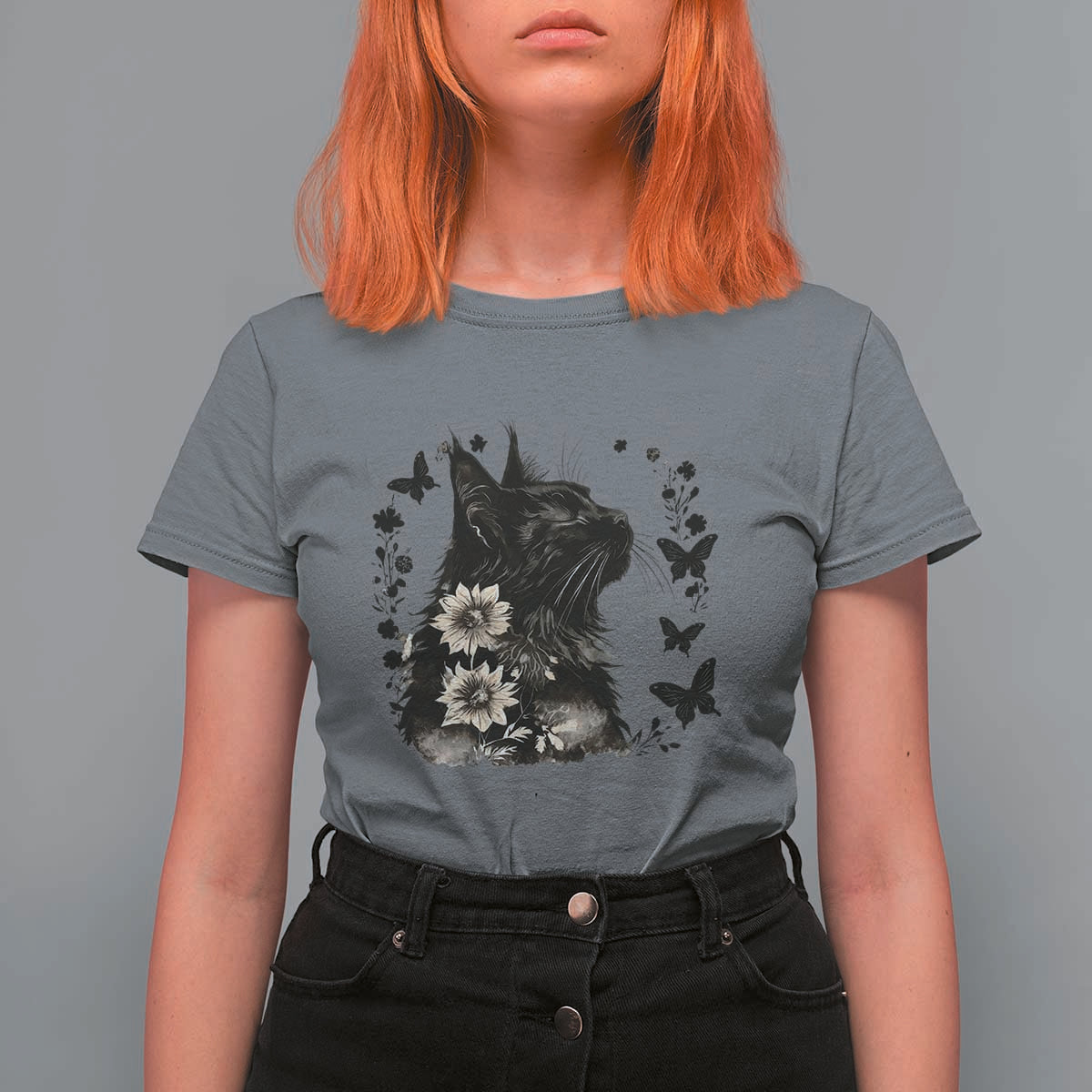 Black Maine Coon Cat T Shirt For Women Floral Sunflower Watercolor Gift
