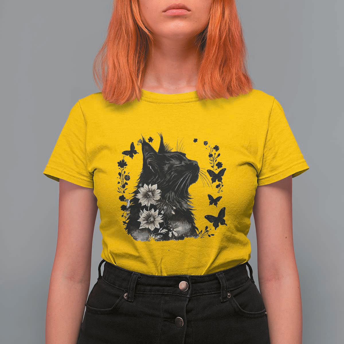Black Maine Coon Cat T Shirt For Women Floral Sunflower Watercolor Gift