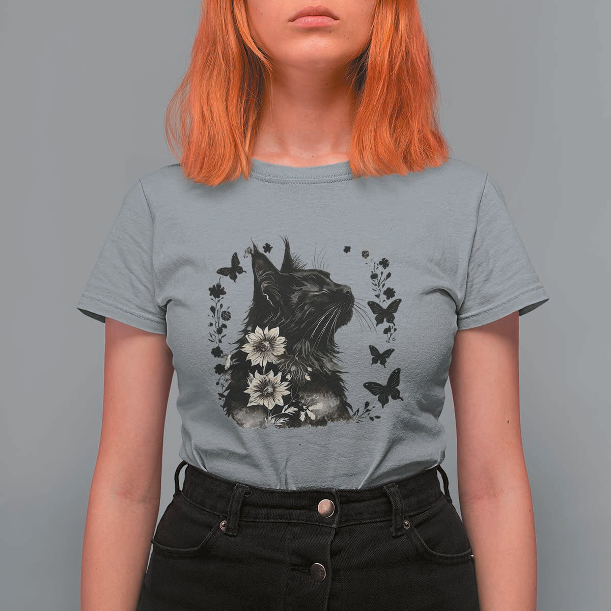 Black Maine Coon Cat T Shirt For Women Floral Sunflower Watercolor Gift