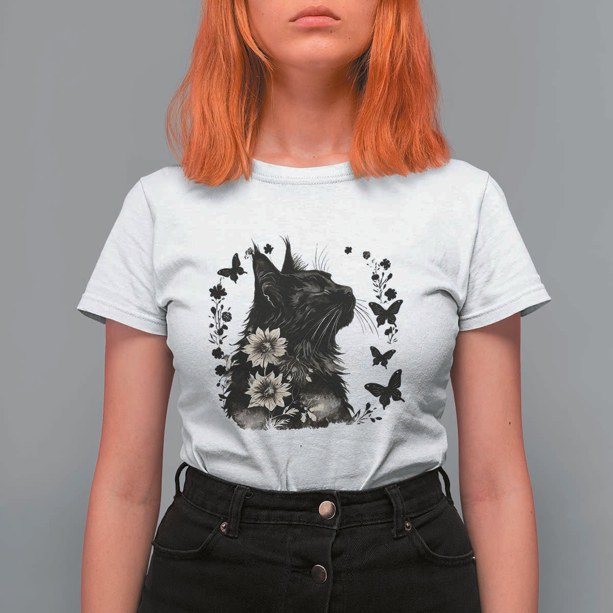 Black Maine Coon Cat T Shirt For Women Floral Sunflower Watercolor Gift