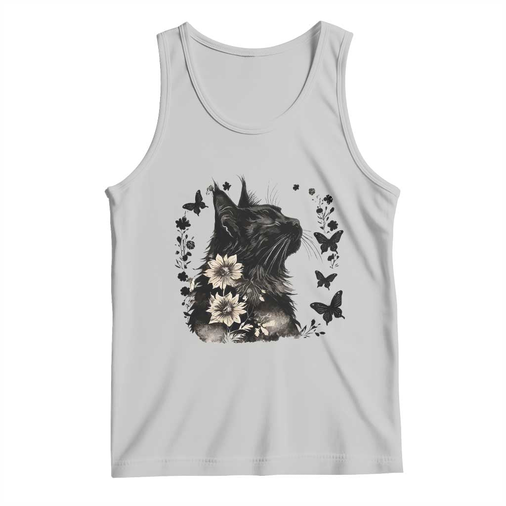 Black Maine Coon Cat Tank Top Floral Sunflower Watercolor Gift