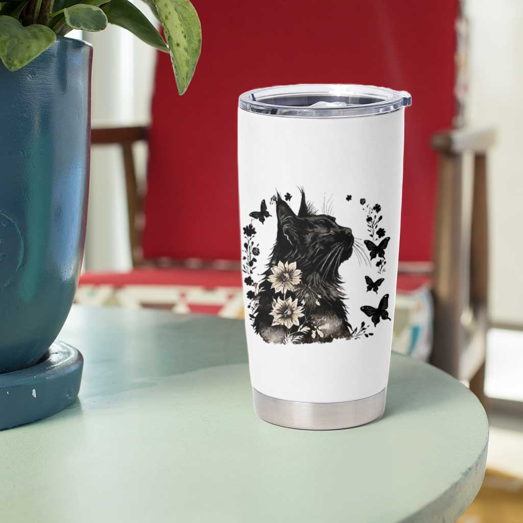 Black Maine Coon Cat Tumbler Cup Floral Sunflower Watercolor Gift