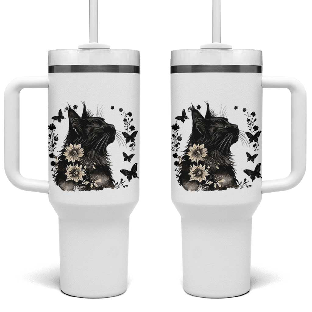Black Maine Coon Cat Tumbler With Handle Floral Sunflower Watercolor Gift