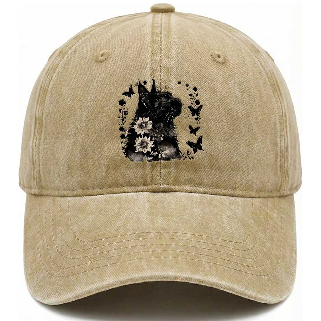 Black Maine Coon Cat Washed Cotton Baseball Cap Floral Sunflower Watercolor Gift