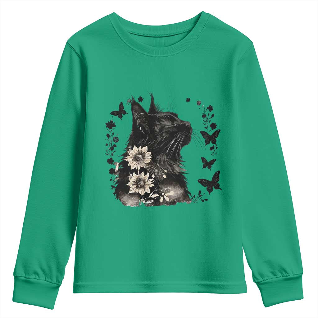 Black Maine Coon Cat Youth Sweatshirt Floral Sunflower Watercolor Gift