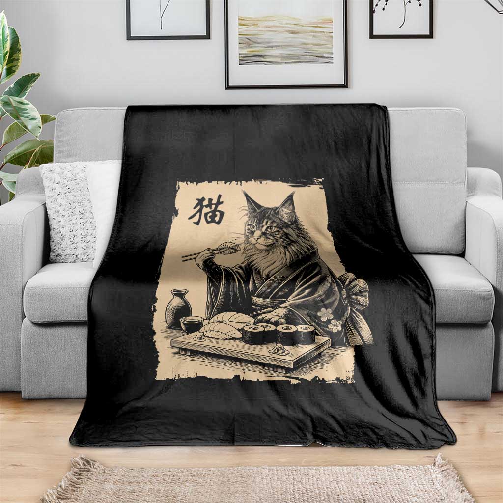 Vintage Japanese Cat Eating Sushi Throw Blanket Funny Maine Coon Kimono Gift