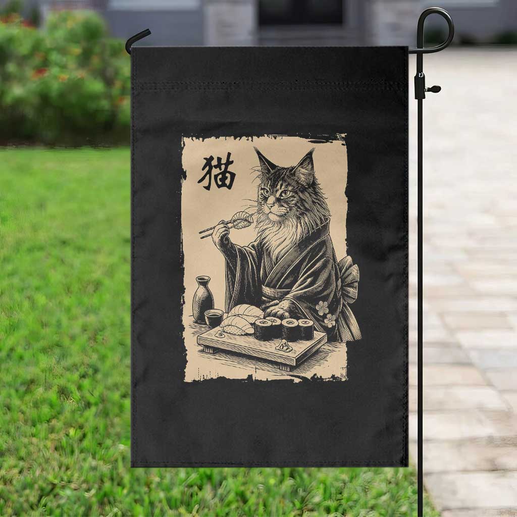 Vintage Japanese Cat Eating Sushi Garden Flag Funny Maine Coon Kimono Gift