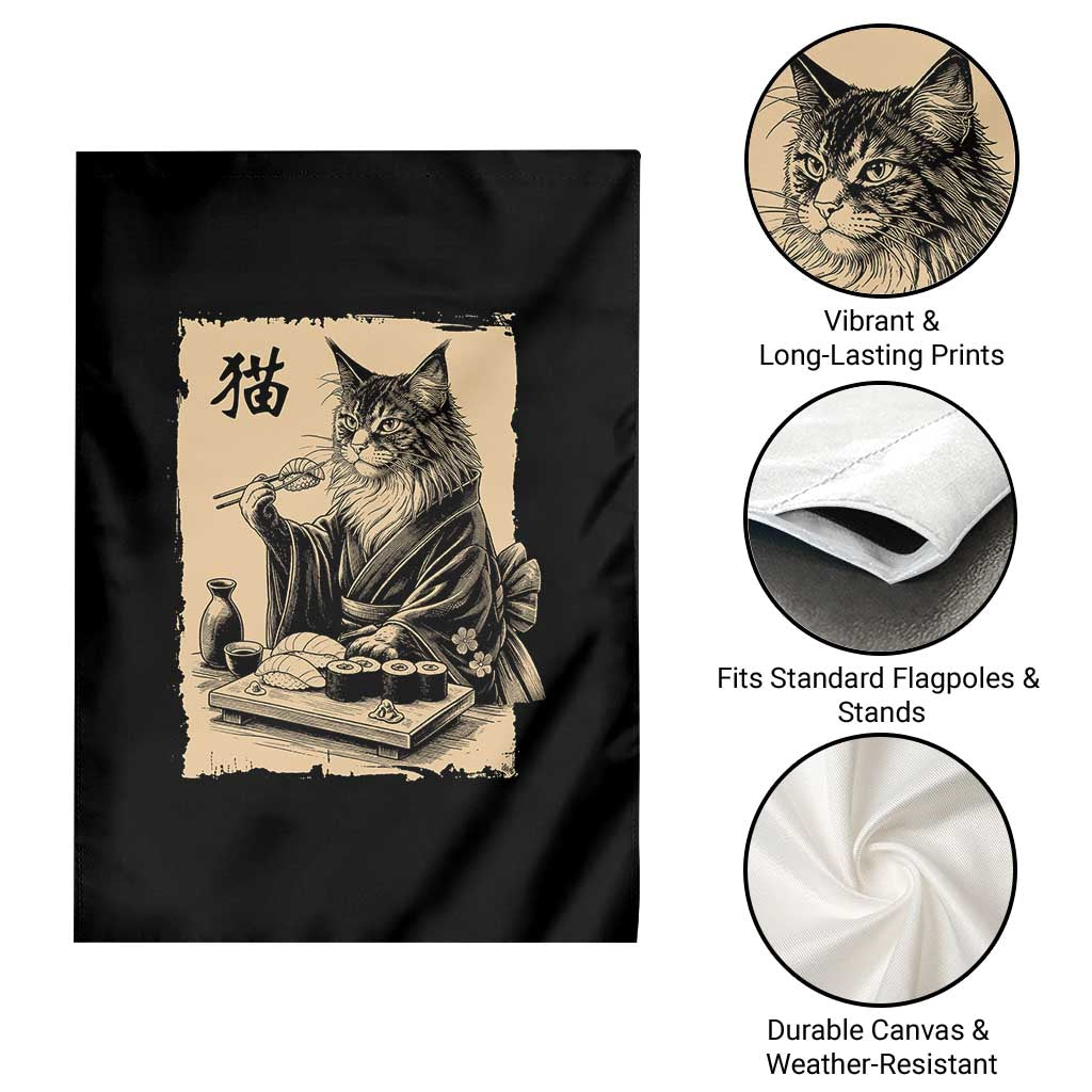 Vintage Japanese Cat Eating Sushi Garden Flag Funny Maine Coon Kimono Gift