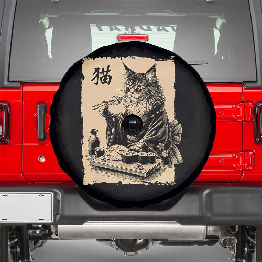 Vintage Japanese Cat Eating Sushi Spare Tire Cover Funny Maine Coon Kimono Gift